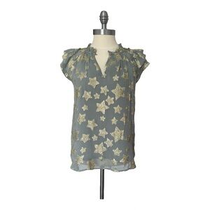 LOFT Women's Gray Blouse Top Gold Shimmer Stars Ruffle Sleeve Size XS Petite